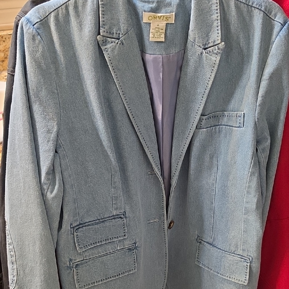 Orvis Light Blue Denim Blazer Jacket Size 14 Womens